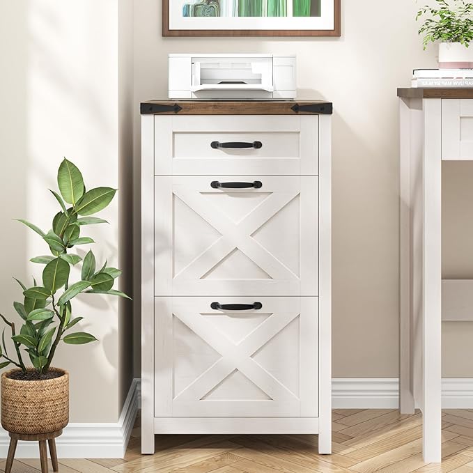 3 Drawer Small File Cabinet, Farmhouse Vertical Filing Cabinet Fits Letter/A4 Size, Wooden File Cabinets Printer Stand for Home Office, Living Room, Rustic White