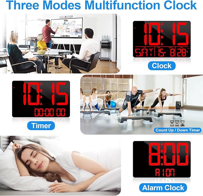 13" Bluetooth Auto Sync Wall Clock - Large Digital Alarm Clock with Remote, 25 Ringtones, Dual Alarm, Adjustable Brightness, 12/24H, Auto DST, for Living Room, Kitchen, Office, Elderly(Red)