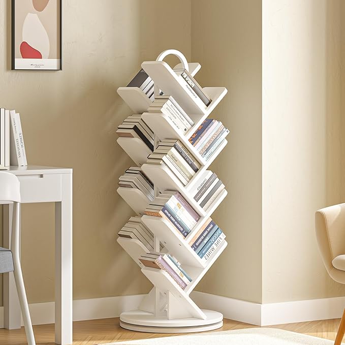 TVU 16-Tier Tree Rotating Bookshelf, 360 Degree Spinning Standing Bookcase for Magazines DVDs Books, Corner Bookcase for Living Room Bedroom Study, White