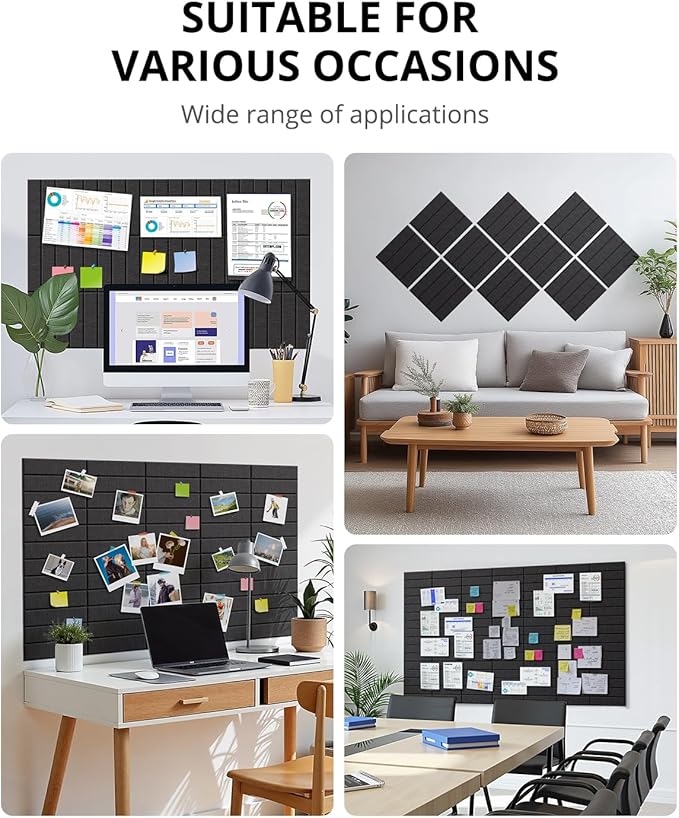 Large Cork Board, 12 Pack 12"X12"X0.4" Felt Bulletin Board Tiles with Self Adhesive for Wall Home Office Decor, Pin Cork Boards-Black