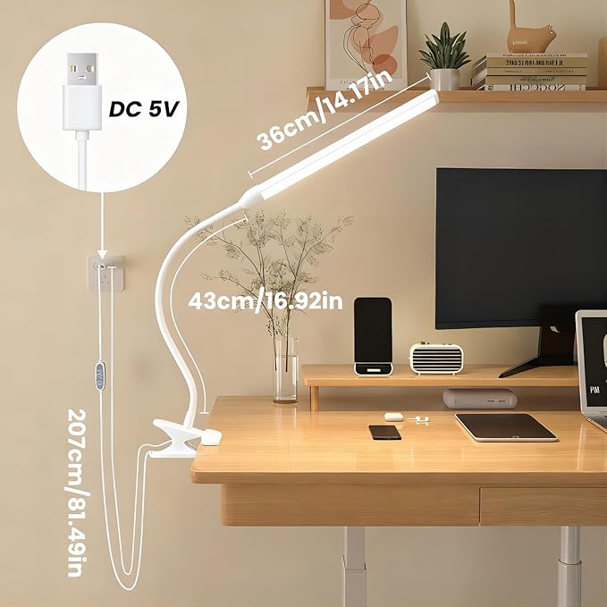Clip-on Easel Lights for Artists Painting with On/Off Switch Cord, 3 Color Modes, Dimmable Clip Lamps for Over Painting Easel, Desk, Drawing with Flexible Arm, USB-Powered (White)