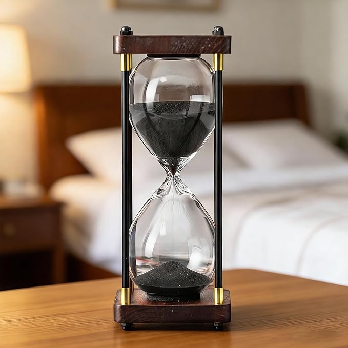 Large Hour Glass Sand Timer - 60 Minute Vintage Sand Clock with Wooden Frame, Hourglass Timer Decor for Office Desk, Kitchen & Mindfulness (Black)