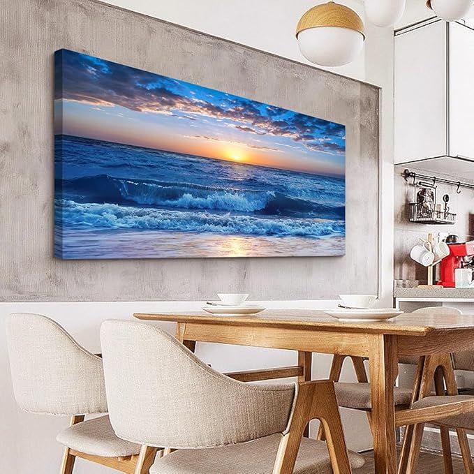 Wapluam Large Canvas Wall Art For Office Farmhouse Living Room Ocean Beach Wall Paintings Blue Sea View Wave Wall Pictures Framed Prints Artwork Modern Bedroom Home Decor 30"X 60"