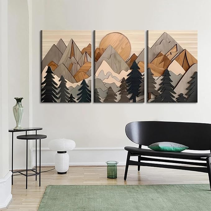 Set of 3 Mountain canvas Wall Art Large Forest Wall Decor pictures Woodcut Wooden Landscape poster Prints Abstract Landscape Nature Painting for Living Room Bedroom Office (12x16in canvas)