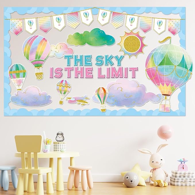 Hot Air Balloon Bulletin Board The Sky is The Limit Classroom Bulletin Board Decorations Colorful Hot Air Balloon Cloud Cutouts Decorations for Back to School Office Home Chalkboard Decor Wall Door