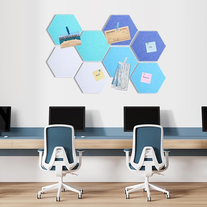 8 Pcs 12" Large Hexagon Felt Cork Bulletin Board Tiles Self Adhesive DIY Pin Board with 50 Push Pins and 10 Colored Clips, Wall Decor for Office Home Kitchen Photos Memos(Blue)