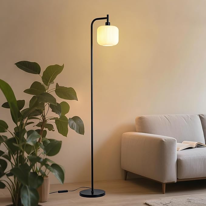 MAYNA Modern Industrial Floor Lamp, Frosted White Glass Standing Lamp with Built-in Timer Switch, Black Tall Minimalist Lamps for Living Room Bedroom, 2700K LED Bulb Included
