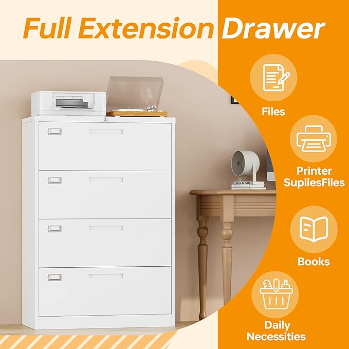 4 Drawer File Cabinet with Lock, 4 Drawer Steel Wide Filing Organization Storage Cabinets, Steel Lateral File Cabinet for Hanging Files Letter/Legal/F4/A4 Size,Assembly Required