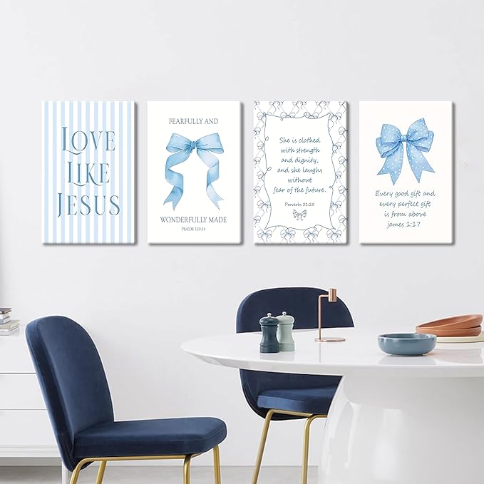Light Blue Bow Christian Wall Art for Girls Dorm – Coquette Aesthetic Scripture Canvas Prints, Christian Wall Decor for Teen Room, or Bathroom – Framed Cute Spiritual Decor 16x24 inch
