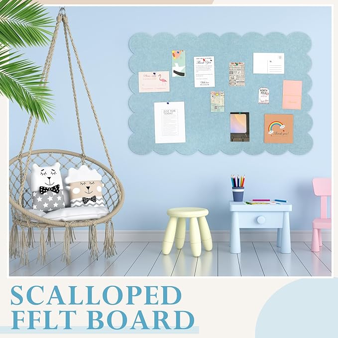 Scalloped Felt Bulletin Board 36 x 24 Inches Foldable Blue Pin Cork Board Alternative for Wall, 3' x 2' Trifold Picture Vision Self Adhesive Bulletin Decorative