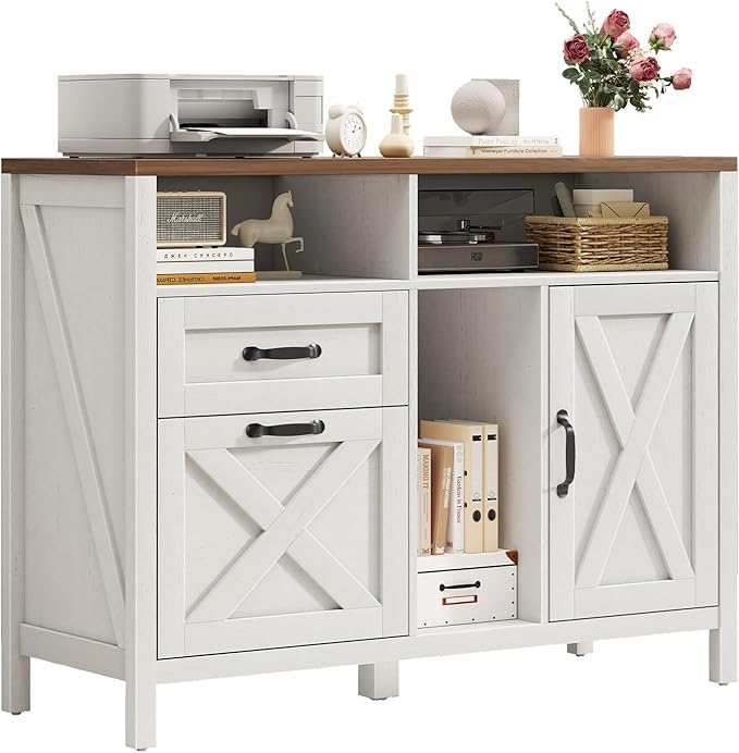 Vabches Lateral File Cabinet, Farmhouse 2 Drawer File Cabinet with Open Storage Shelf for Letter/Legal/A4 Size Hanging Files, Large Wood Storage Cabinets Printer Stand for Home Office, White