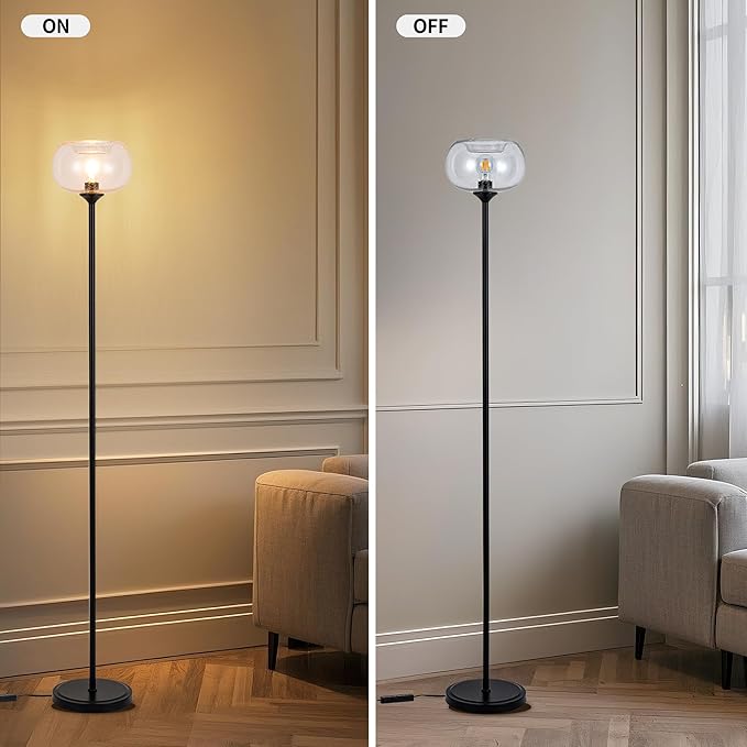 MAYNA Globe Floor Lamp, Clear Round Glass Standing Lamp with Built-in Timer Switch, Black Tall Industrial Lamps for Living Room Bedroom, 2700K LED Bulb Included