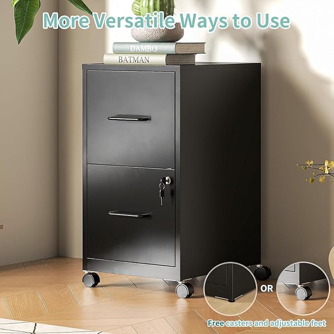 2 Drawer File Cabinet with Wheels, Metal Mobile Filing Cabinets with Lock, Vertical File Cabinet for Home Office, Rolling Storage Cabinet for A4/Letter/Legal Size File, Assembly Required, Black