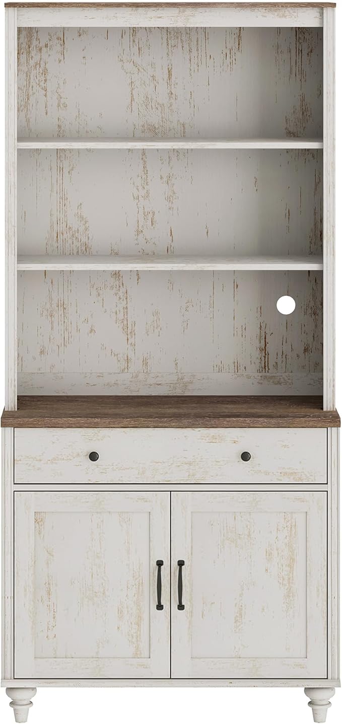 WAMPAT 5 Tier Bookshelf 72" Tall Bookcase with Doors & Drawer,Large Farmhouse Display Book Shelf with Storage Cabinet,Library Wood Bookshelves for Living Room,Kitchen, Rustic White