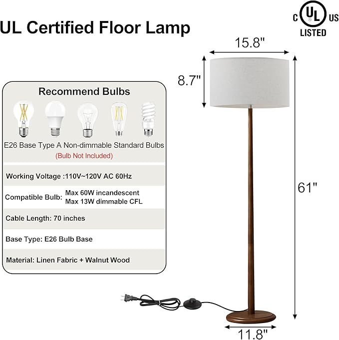 61" Rustic Walnut Wood Floor Lamp for Living Room, Retro Farmhouse Tall Lamp for Bedroom, Mid Century Standing Lamp with Linen Shade for Home Corner, Office, Dining Room, Bulb not Included, White
