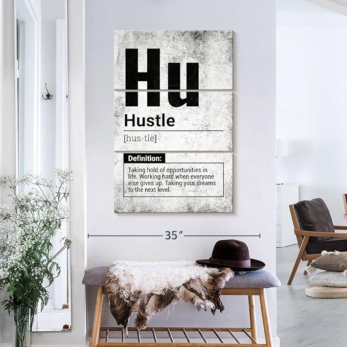 Elephant Stock - Hustle Definition Grunge Wall Art - Vertical Multi Panel Canvas - 3 Piece Living Room Wall Decor - Digital Art Inspirational And Typography Multi Piece Wall Art - Black And Gray Decor - 24" x 38"