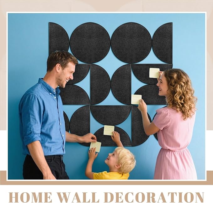 24 Pack Decorative Bulletin Board Felt Wall Tiles Bulk 11.8"x5.9" Semi-Circle Large Wall Art with Removable Adhesive Tabs for Customizable DIY Home Office Decoration Gift (Black)
