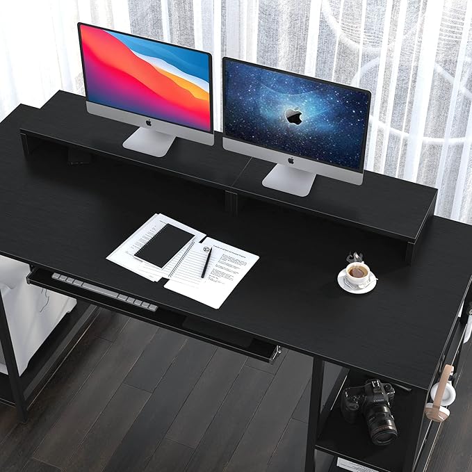 Workstation Desk with Keyboard Tray, 55 Inch Computer Desk with Storage Shelves Monitor Stands and 4 Iron Hooks, Industrial Desk for Home Office