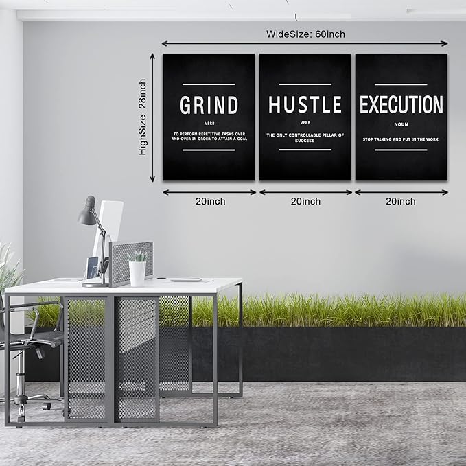 KAWAHONE Inspirational Quotes Poster Framed, Motivational Canvas Painting Print Picture Wall Grind Hustle Execution Art Positive Sayings Artwork for Home Office Workplace Large Ready to Hang