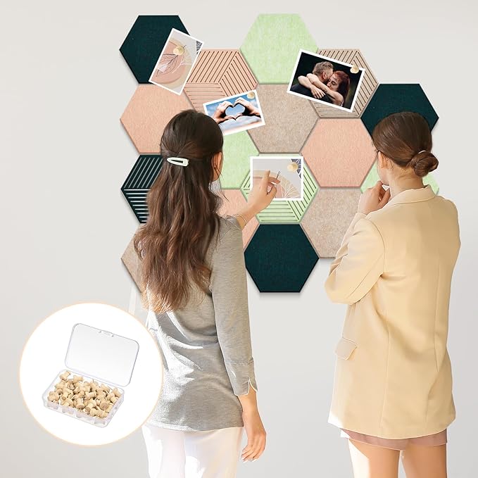 16 Pcs Hexagon Cork Boards Tiles for Walls Decor 7 x 6 Inch Cork Bulletin Board Tiles with 50 Pins, Pin Board for Office Home for Office & Home for Notes Photos and DIY Classroom Decor