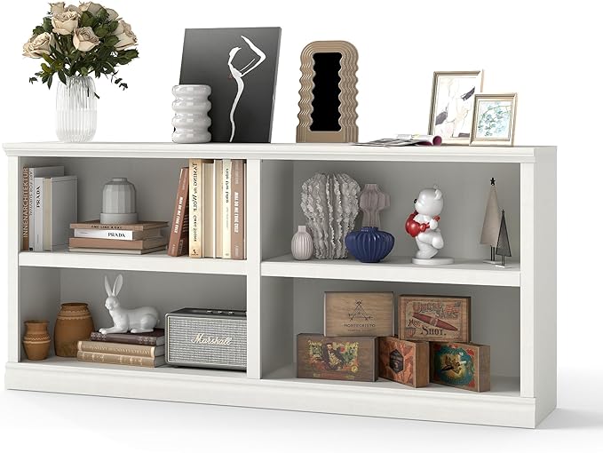 blini White Bookshelf Double Wide 64“ 2-Tier Bookcase 4 Cube Storage Organizer Wooden Bookcases for Bedroom and Home Office Decor Display
