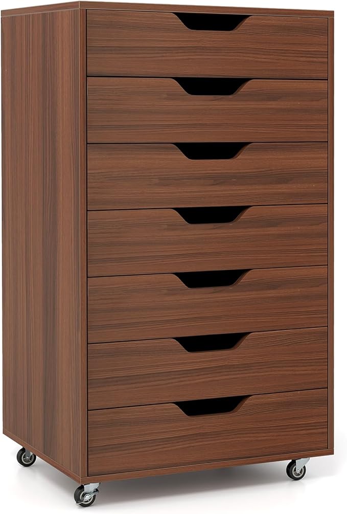 7 Drawer File Cabinet, 34.5" Vertical Storage Drawer Cart, Under Desk Office Organizer, Wooden Printer Stand, Rolling Filing Cabinet for Home Office (Walnut)