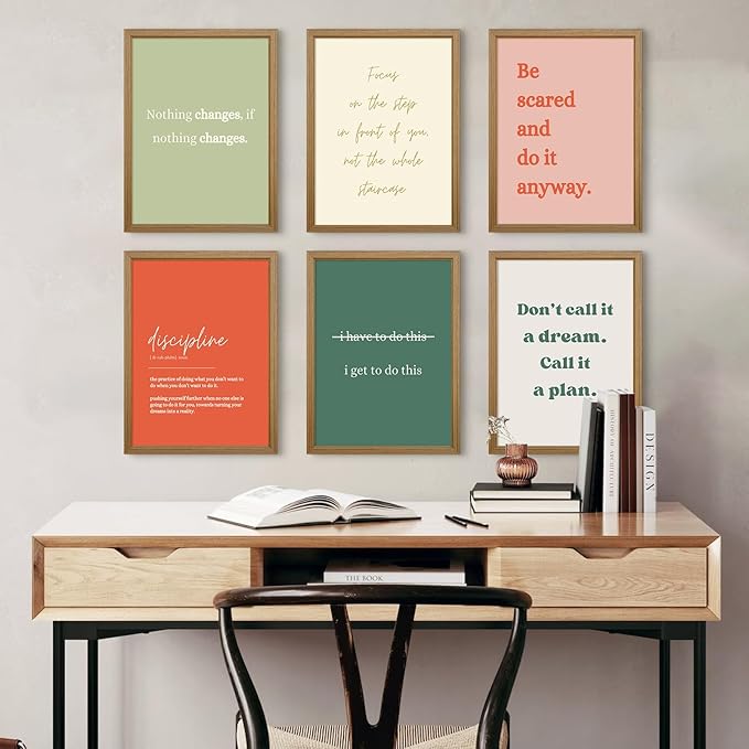 Office Wall Art Motivational Posters Inspirational Quote Canvas Wall Decor Office Positive Pictures Inspirational Classroom Art Motivational Work Prints for Gym Home 12x16 Inch Framed Set of 6