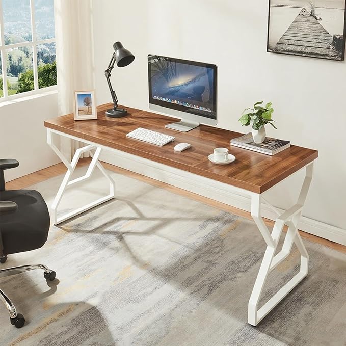 HOMISSUE 63-inch Executive Desk, Large Writing Desk with Engineered Wood Tabletop and Metal Frame, Rustic Home Office Desks with Sturdy Structure, Long Computer Desks for Home Office, Study Room,White