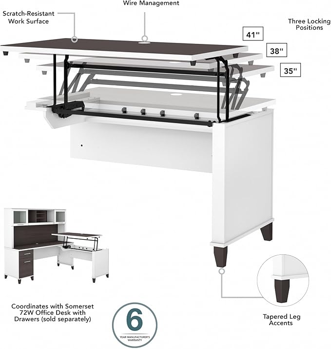 Bush Home Somerset 72W 3 Position Sit to Stand L Shaped Desk with Hutch in White and Storm Gray | Adjustable Height Table for Home Office