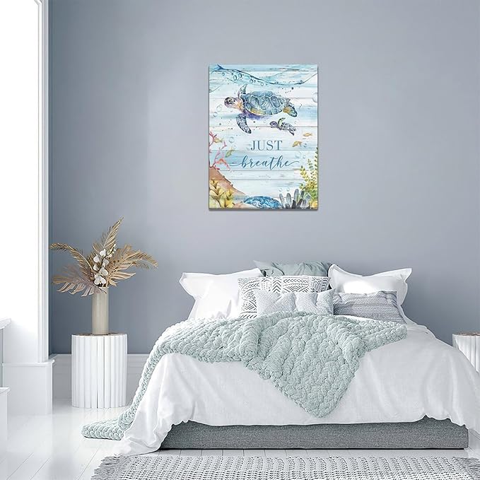 Ocean Sea Turtle Wall Art Nautical Just Breathe Pictures Wall Decor Beach Seaweed Canvas Coastal Painting Modern Artwork Home Decoration for Bathroom Living Room Bedroom Office Framed 12"x16"