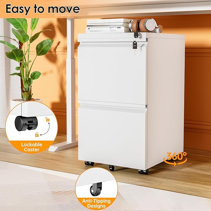 2 Drawer Mobile File Cabinet, Metal Rolling Filing Cabinet with Lock for Home Office, Under Desk Small Cabinet with Wheels Fit A4/ Legal/Letter, White