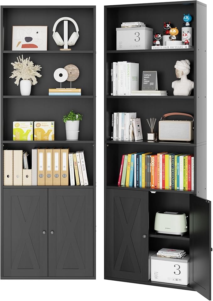 Vongrasig 6-Tier Open Bookcase and Bookshelf with Doors, Floor Standing Farmhouse Display Storage Shelves 71 Inch Wood Tall Bookcase for Home Office, Living Room, Bed Room, Black, 2 Pieces
