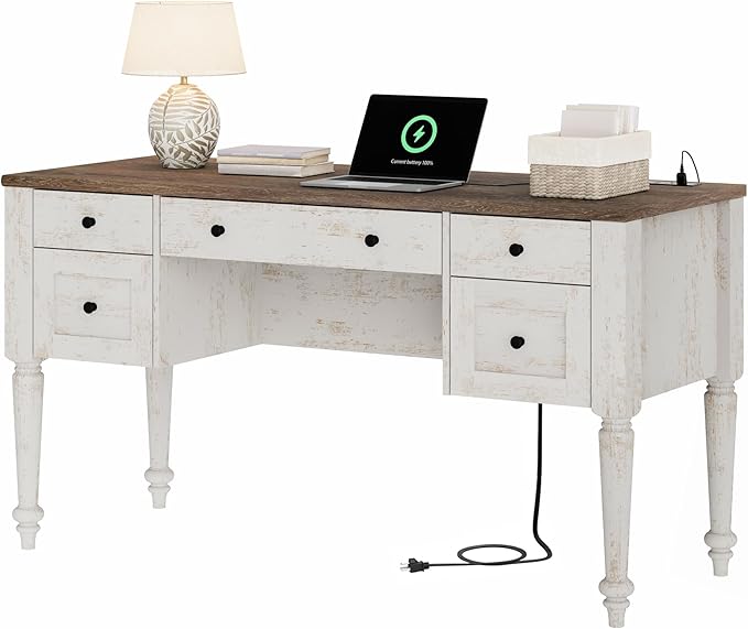 WAMAPT Farmhouse Executive Desk with 5 Drawers, Home Office Desk with Charging Station, Wood Computer Desk with File Cabinet Storage, Door, Open Shelf for Work and Study, Rustic White, 55 inch