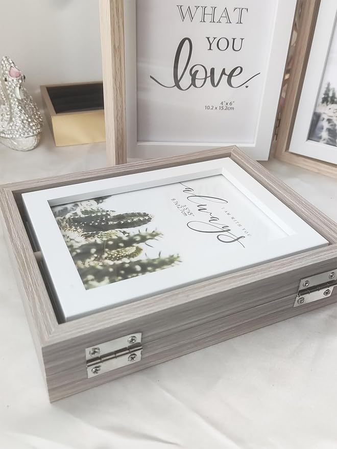Wooden Hinged Double floating rotating Picture Frame for Photos, 4 * 6 5 * 7 vertical photo Natural Finish (grey color, 5 * 7in)