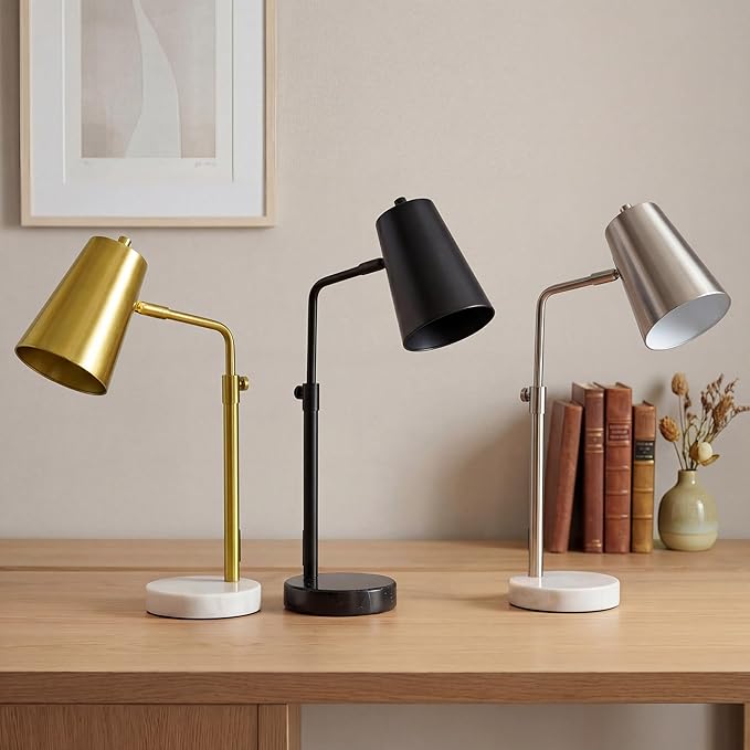 VONLUCE Gold Desk Lamp with LED Bulb Adjustable, Antique Brass Metal Table Lamp Marble Base, Mid Century Modern Reading Lamp Office, 20’’ Industrial Task Lamp Work Lamp for Reading Bedroom