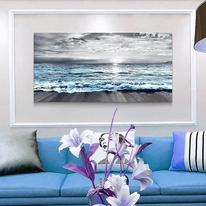Wapluam Large Wall Decor For Living Room Canvas Wall Art For Bedroom Office Wall Decorations Black And White Painting Blue Sea Wave Pictures Artwork For Modern Stretched and Framed Beach Posters