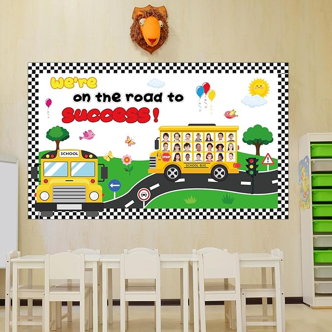gisgfim Back to School Bulletin Board Classroom Decoration School Bus Cutouts We' re On The Road to Success Bulletin Board for Classroom Back to School Door Chalkboard Nursery Wall Decor Supplies
