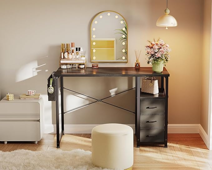 AODK 40-Inch Small Computer Desk with Fabric Drawers, Kids Girls Teen Study Writing Desk for Bedroom, Home Office Desk with Storage Shelf & Bag for Small Space, Black