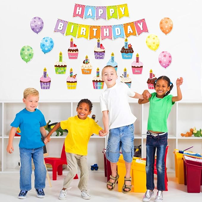 Leinuosen 45 Pieces Happy Birthday Bulletin Board Set Birthday Bulletin Board Decorations Classroom Chart Calendar Balloon Candle Cupcake Cutouts for Calendar Classrooms(Colorful)