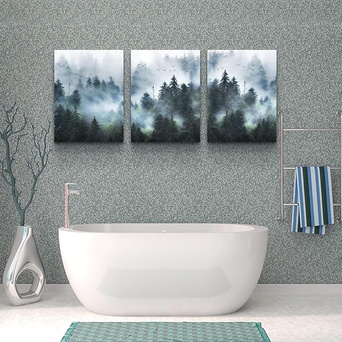 Lapremoly Canvas Wall Art for Bedroom and Living Room - Modern Office Decor Trees Landscape Picture - Foggy Forest Painting Artwork Framed Ready to Hang - Large Home Decoration 3 Set