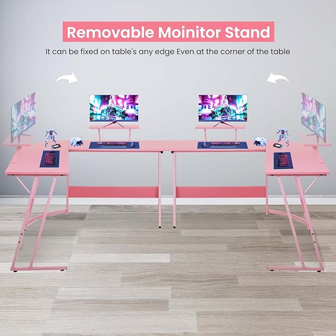 L Shaped Gaming Desk, 50 Inch Corner Desk, Office Computer Desk with Large Monitor Stand for Home Office Sturdy Writing Workstation, Easy to Assemble, Pink