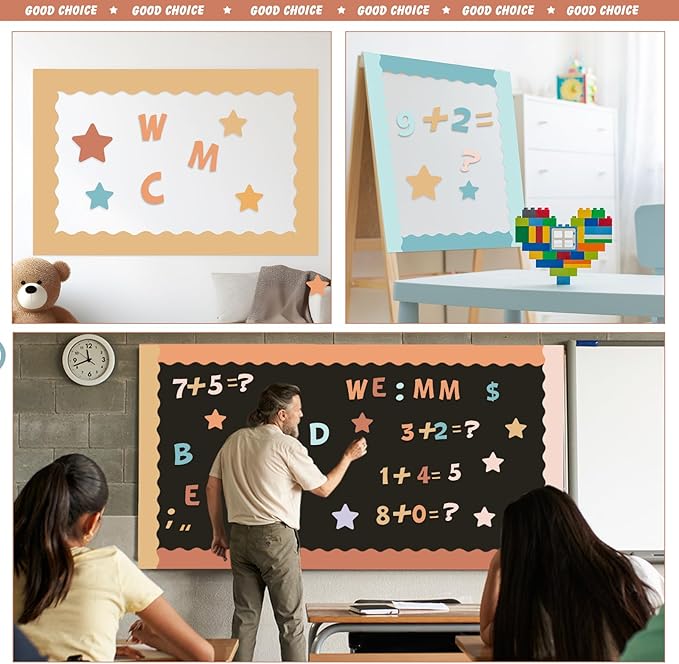 Containlol 188 Pcs Bulletin Board Borders Letters Stars Cutouts Set Include 59ft Poster Board Trims, Alphabet Letter Star Number Punctuation for Classroom(Retro Groovy Boho Color)