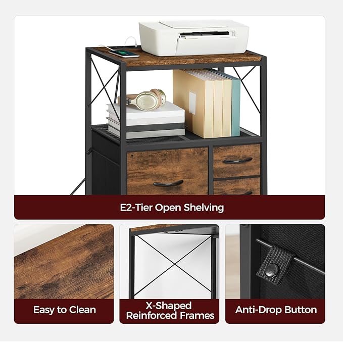 File Cabinet with Charging Station, 3 Drawer Lateral Filing Cabinet for Home Office, Mobile Printer Stand with Open Shelf, Fits A4/Letter Size File, Nonwovens Drawer, Rustic Brown FCHR98E01