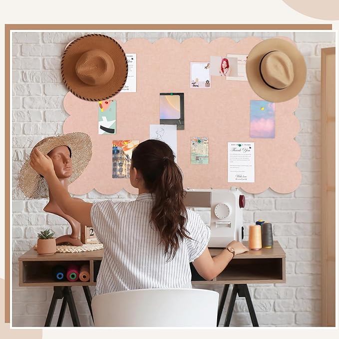 Scalloped Felt Bulletin Board 36 x 24 Inches Foldable Flesh Pink Pin Cork Board Alternative for Wall, 3' x 2' Trifold Picture Vision Self Adhesive Bulletin Decorative