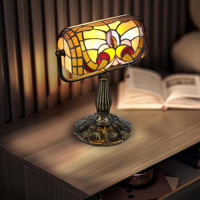 Tiffany Bankers Desk Lamp with Adjustable Shade, Baroque Style Stained Glass Piano Light with LED Bulb, Handmade Vintage Tiffany Desk Lamp for Office, Study, or Bedroom Décor.