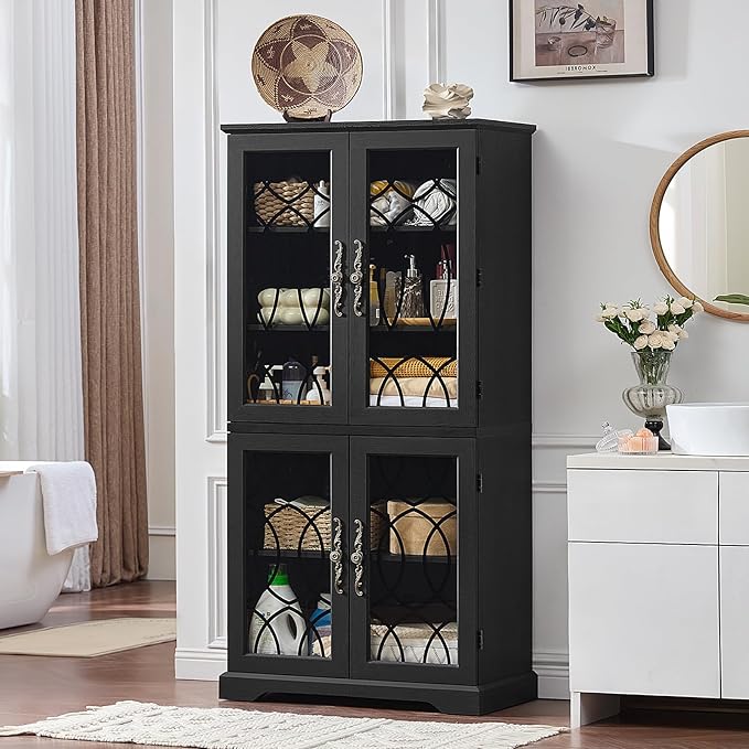 67" Tall Bookshelf, Vintage Book Shelf with Glass Doors, 5-Tier Wood Bookcase w/Adjustable Storage Shelves, Freestanding Rustic Curio Display Cabinet for Living Room, Office, Black, 2PCS