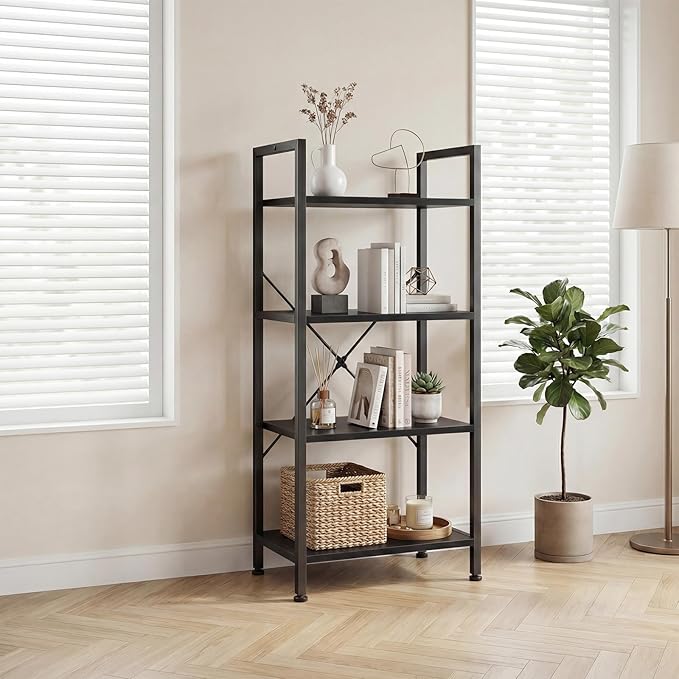 DUMOS 4 Tiers Bookshelf, Classical Book Shelf, Tall Display Shelves in Living Room/Home/Office, Storage Organizer for CDs/Books/Movies, Black