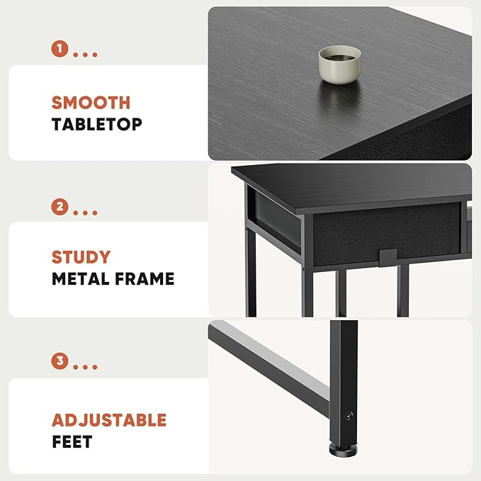 DUMOS 48" Small Computer Home Office Desk for Bedroom with Drawers, Gaming Writing Study Table with Storage Shelf, Adjustable Feet, Metal Frame Black