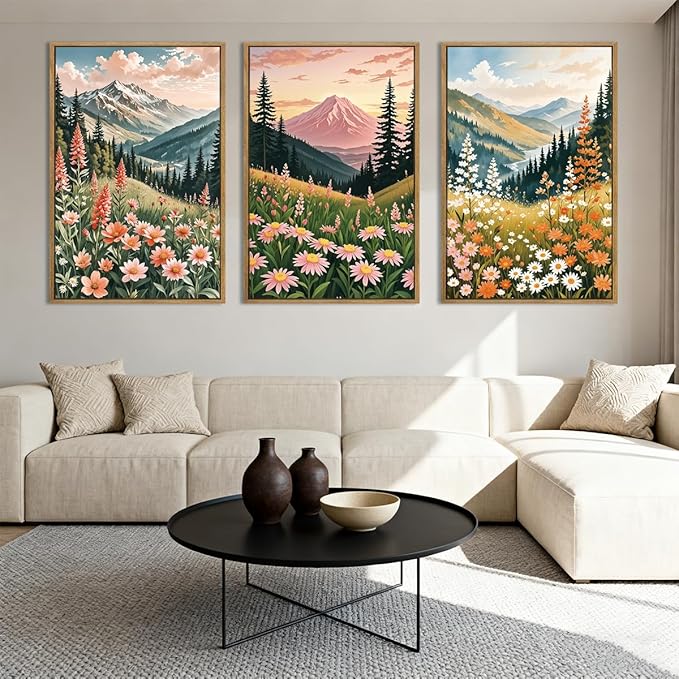 ANHUIB Extra Large Wildflower Wall Art Boho Wildflower Wall Decor 24x36 Inch Colorful Mountain Wall Art Set of 3 for Living Room Bedroom Dining Room