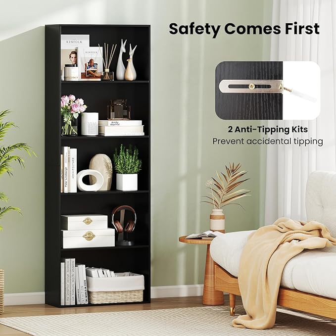 Giantex 5-Tier Bookshelf, Freestanding Bookcase with 5 Open Shelf, Modern Display Shelf, Storage Organizer for Living Room Bedroom Home Office, Black